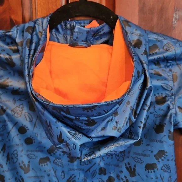 Blue Kids Rain Jacket with Orange Lining, Dinosaur Pattern, 4T - Picture 8 of 8